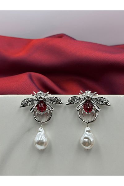 Lumiera Brand Model Design Earrings with Silver Detailed Red Stone Bee Figure