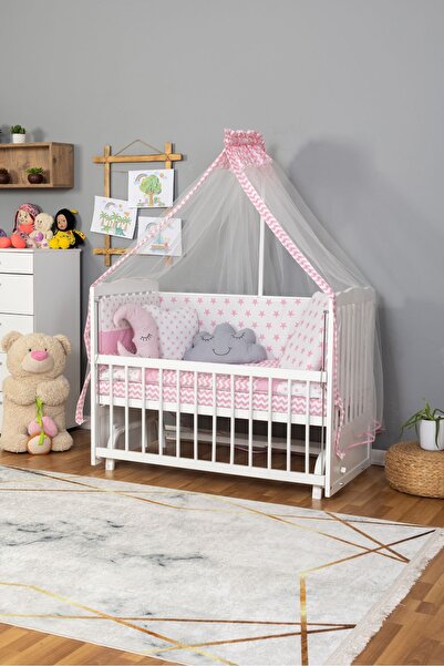 Bamgidoo Ahşap Beşik Anne Yanı Beşik Beyaz 60x120 - Pembe Yıldız 3 Yastık Uyk...