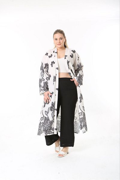 Butik Nilyam Women's Plus Size Linen Kimono and Pants Bottom Top Set 24750