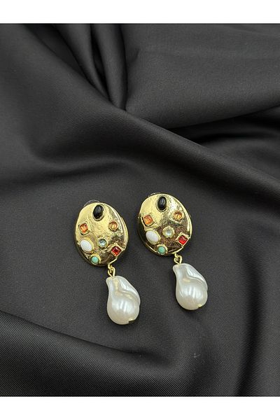 Lumiera Gold Colorful Stone Detailed Palette Design Pearl Brand Model Hanging Earrings