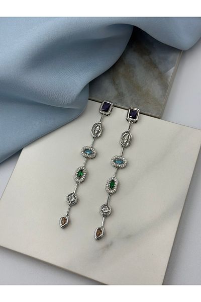 Lumiera Silver Colorful Zircon Stone Melis Göral Design Y Brand Model Stylish Hanging Steel Earrings
