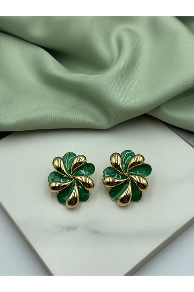 Lumiera Green Enamel and Gold Gold Detailed Flower Form Design Earrings