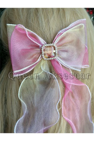 QUEEN AKSESUAR Pastel Rainbow Color with Stone Brooch Shiny Tulle Tail Princess Buckle Pincer Pink Yellow