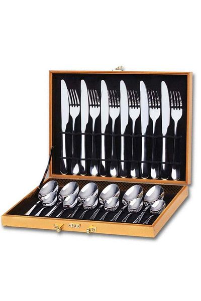 ALMUFARREJ Modern 24 Piece Silver Stainless Steel Cutlery Set with Portable Wooden Box