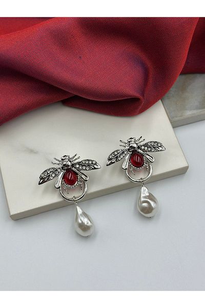 Lumiera Brand Model Design Earrings with Silver Detailed Red Stone Bee Figure
