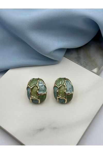 Lumiera Blue Green Enameled Gold Detailed Design Earrings