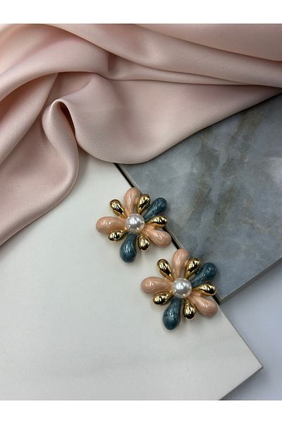 Lumiera Blue and Pink Enamel Pearl Detailed Flower Form Design Earrings