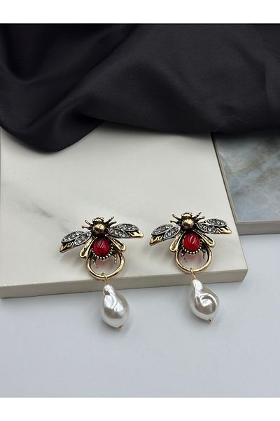 Lumiera Gold Detailed Red Stone Bee Figured Brand Model Design Earrings