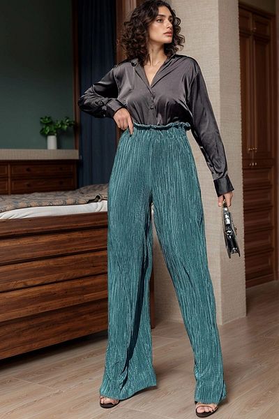 bacc Women's Petrol Self-Textured Elastic Waist Wide Leg Loose Trousers Bcbsk-25700-3578