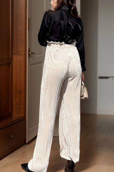 bacc Women's Beige Self-Textured Elastic Waist Loose Wide Leg Loose Trousers Bcbsk-25700-3578