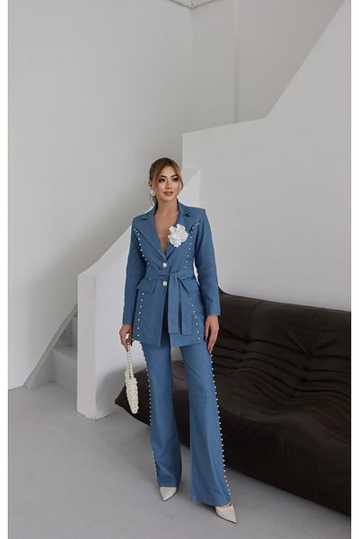 1Moda1Tarz Women's Imported Denim Fabric Pearl Embroidered Belted Lined Rose Accessory Special Design Jacket Pants Suit