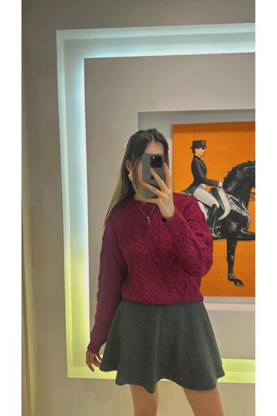 todays co Bordo Bisiklet Yaka Balıksırtı Desenli Triko Kazak