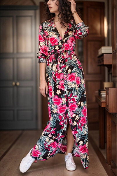 bacc Černé dlouhé košilové šaty s květinovým vzorem