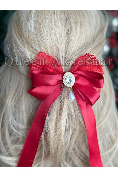 QUEEN AKSESUAR Luxury Vintage Pearl with Stone Brooch Lace Satin Bow Pendant Ribbon Tailing Buckle Automatic Red