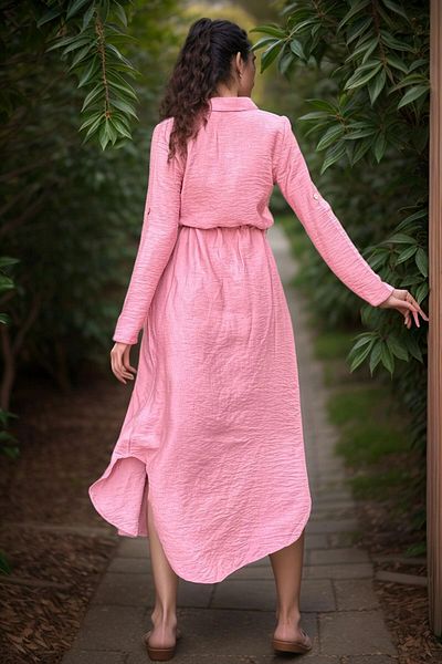 bacc Γυναικείο φόρεμα με λινό Dusty Rose με ζώνη Bcbsk-25700-2837