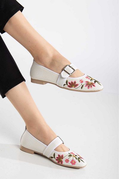 Kartezyen New Season Embroidered Perforated White Ballerina Slip Does Not Sweat Daily Wear