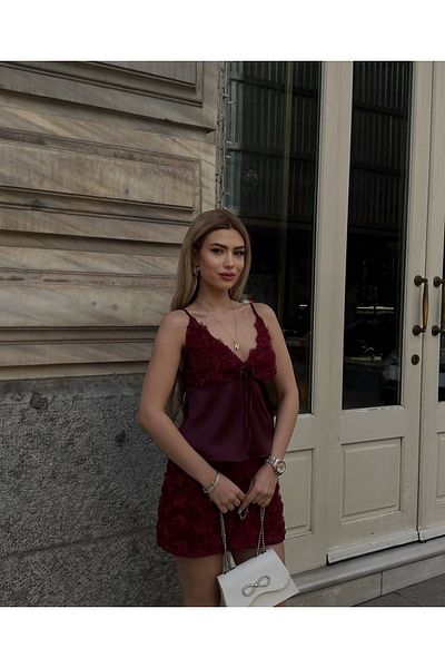 Ekim Store Satin Rose Blouse Skirt Double Set