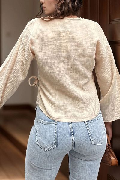 bacc Women's Stone Muslin Double Breasted Tie Loose Blouse Bcbsk-25700-3610