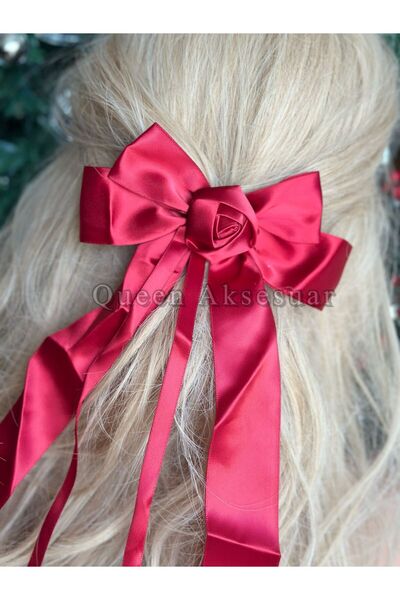 QUEEN AKSESUAR Luxury Satin Bow Rose Fancy Ribbon Long Pendant Tail Automatic Clip Buckle Red