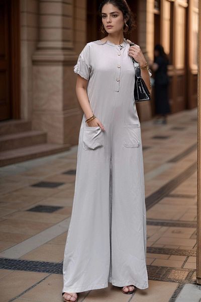 bacc Women's Gray Half Placket Pocket Low Mesh Loose Cut Loose Jumpsuit Bcbsk-25700-3577