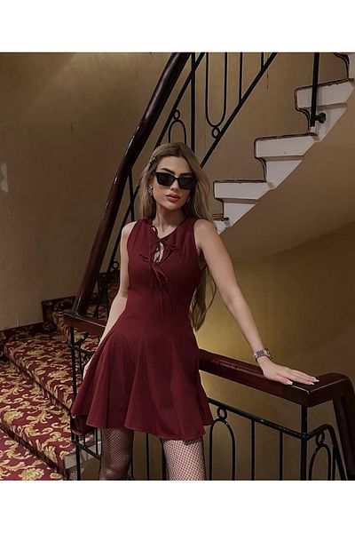 Ekim Store Rochie mini cu fundă dublă din țesătură, cu detaliu de corset, cu volane, cu fustă
