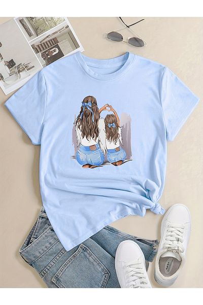 Let's Wear Tricou Premium pentru Femei cu Guler Crew Imprimat Mama Si Fiica