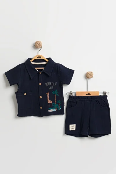 Mini Baray Organic 100% Cotton Giraffe Printed Baby Boy Summer Set with Pockets 9-12-18 Months - Muslin Fabric