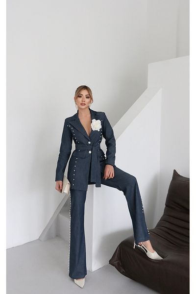 1Moda1Tarz Women's Imported Denim Fabric Pearl Embroidered Belted Lined Rose Accessory Special Design Jacket Pants Suit