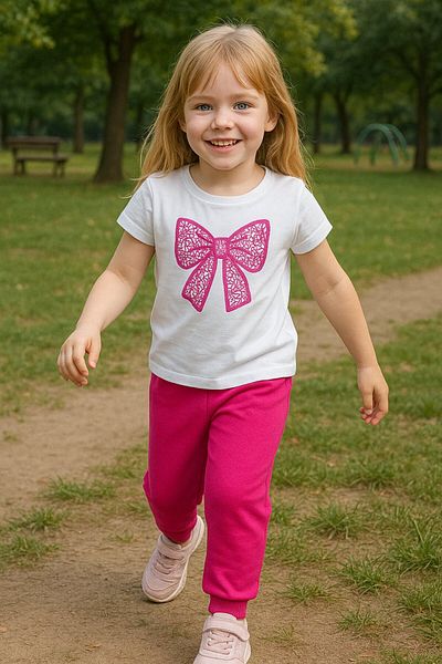 Yalçınoğlu Kids Girl's Summer Stylish Suit |   Bow Pattern T-Shirt and Sweatpants I Cotton Anti-Sweat I Children's Set