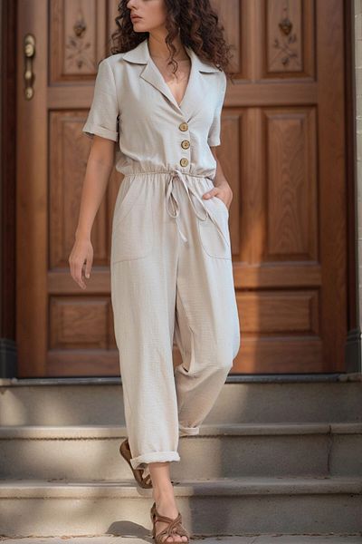 bacc Women's Beige Jacket Collar Elastic Waist Airobin Jumpsuit Bcbsk-25700-2622