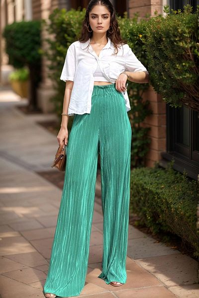 bacc Women's Green Self-Textured Elastic Waist Wide Leg Loose Trousers Bcbsk-25700-3578