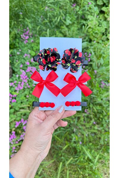 Toka Perisi Siyah Kiraz Frida Çiçekli Kurdela fiyonk ponpon toka 6’lı set(yar...