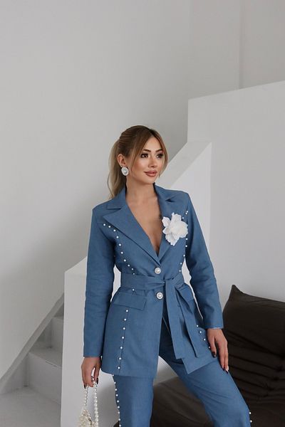1Moda1Tarz Women's Imported Denim Fabric Pearl Embroidered Belted Lined Rose Accessory Special Design Jacket Pants Suit