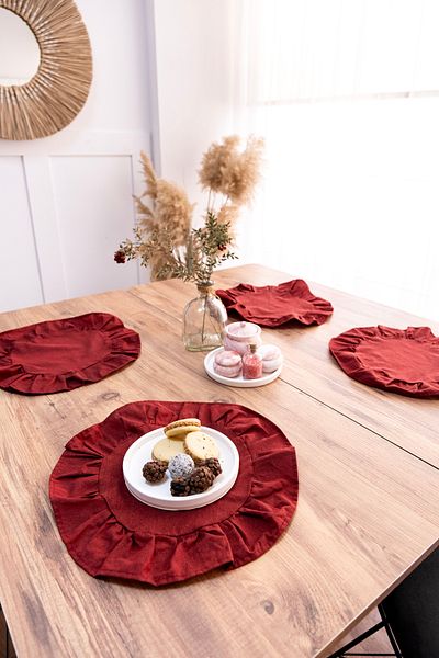 Morlay 4-Piece Placemat Set - Ruffled Cotton Linen, 40 cm - Red Color