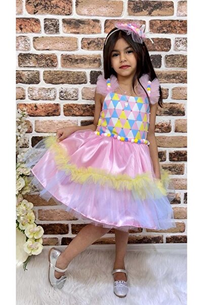 s.t. sebat tekstil Kız Çocuk Rengarenk Çocuk Doğum Günü Elbisesi SB328