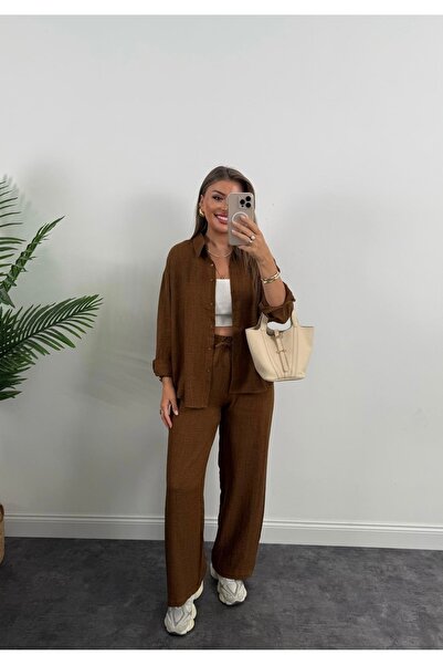 Mzr Collection SET PANTALONI CĂMAȘĂ DUBĂ DIN ȚESUT DE IN DE CULOARE SOLIDĂ PE...