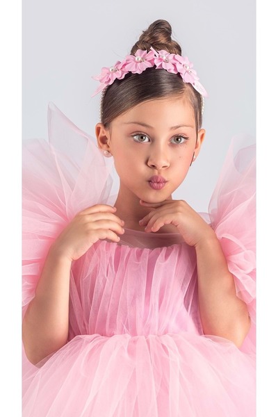 Mnk Baby&Kids Tütü Etekli Kabarık Kollu Komotini Taçlı Kız Çocuk Abiye Elbise MNK0582 PEMBE