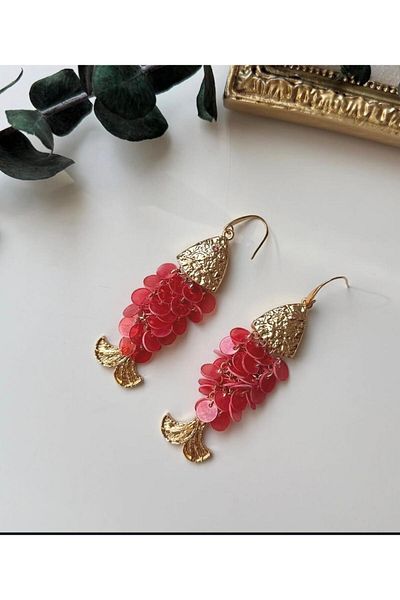 H&S AKSESUAR Zr Model Fish Scale Round Long Earrings Colorful