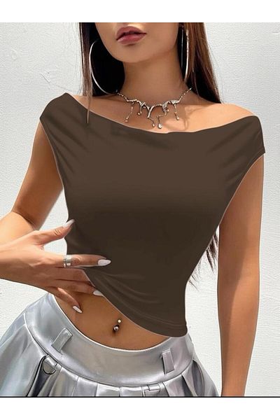 Lucky Line CINDY Γυναικείο μπλουζάκι με λαιμόκοψη βισκόζης μονόχρωμο Crop Top