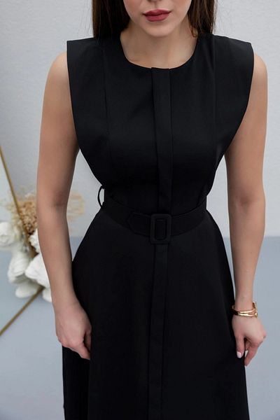 Aventien Rochie midi neagră cu buzunar cu centură