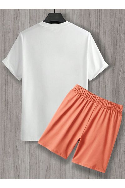 LEONE KOLEKSİYON White&Orange Sculpture Printed Short Sleeve T-Shirt and Shorts Double Set