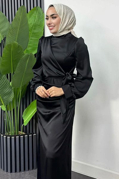 Tesettür Diyarı Satin Hijab Evening Dress with Tie Waist Detail