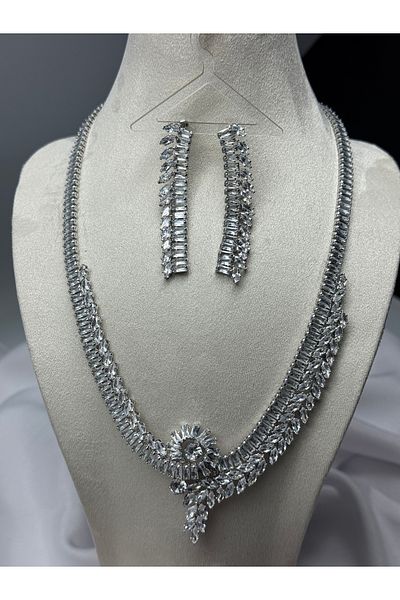 HADRA ACCESSORİES Waterway Leaf Couple Model Evening Dress Necklace Earring Set Bridal Jewelry Set Engagement Set Party Invitation Set