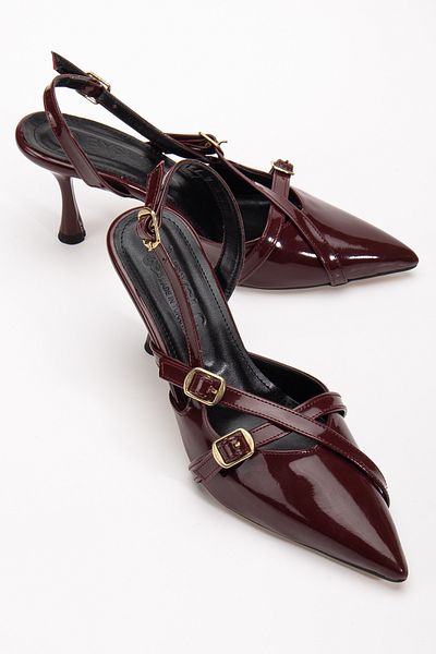 AYENDE MODA Burgundy Patent Leather Pointed Toe Strap Buckle Closed Open Back Heeled Stiletto Shoes