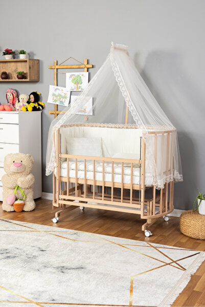 Bamgidoo Doğal Ahşap Anne Yanı Beşik Organik (BOYASIZ) 60x120 - Krem Güpür Uy...