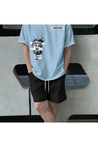 LEONE KOLEKSİYON Blue&Black Sculpture Printed Short Sleeve T-Shirt and Shorts Double Set