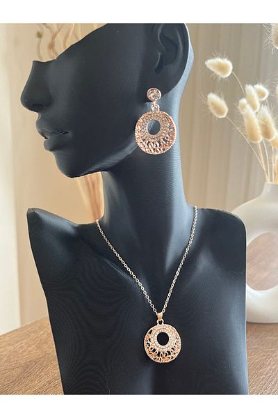 Büyük Hanım Geometric Carved Motif Shiny Stone Necklace Earring Set