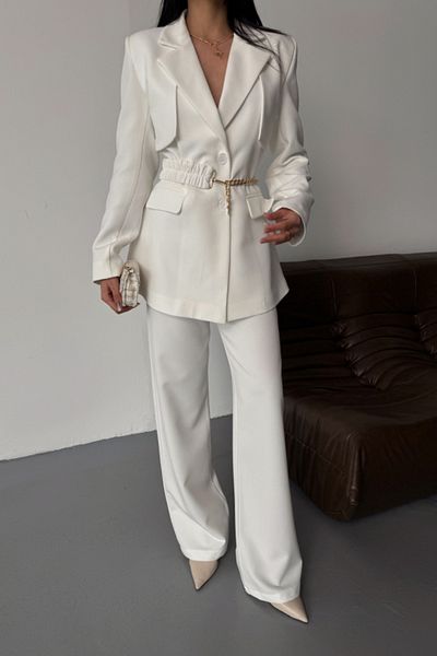 hepimiz alalım Jacket Pants Suit Design with Zirkin Belt Detail - White