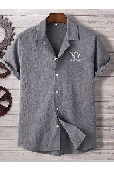 woonkey Men's Short Sleeve Burnout Fabric Ny Printed Shirt Trend Model