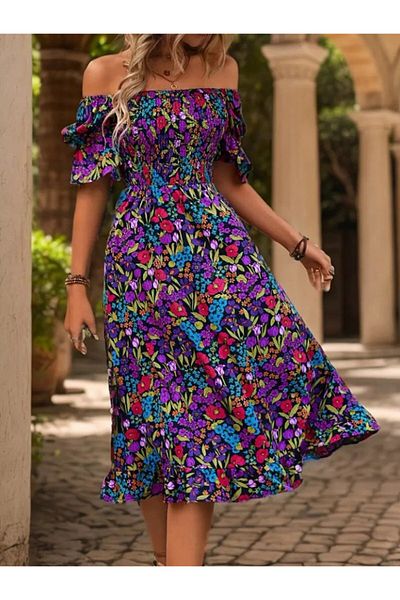 Monapera Square Neck Short Sleeve Gimped Floral Patterned Midi Length Dress